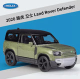 Diecast pullback model car, green and dark gray SUV with front details and wheels