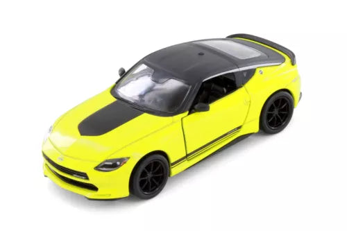Yellow Nissan Fairlady Z diecast car with black wheels and hood scoop
