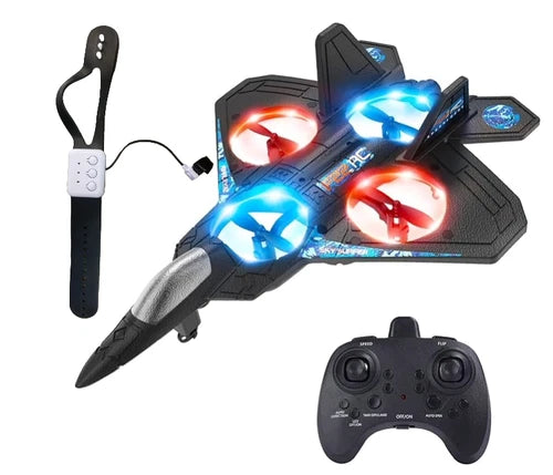 RC fighter jet drone with blue and red LED lights, remote controller and hand sensor