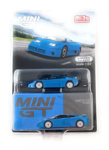 1:64 diecast model car, blue Bugatti EB110 GT in retail blister pack