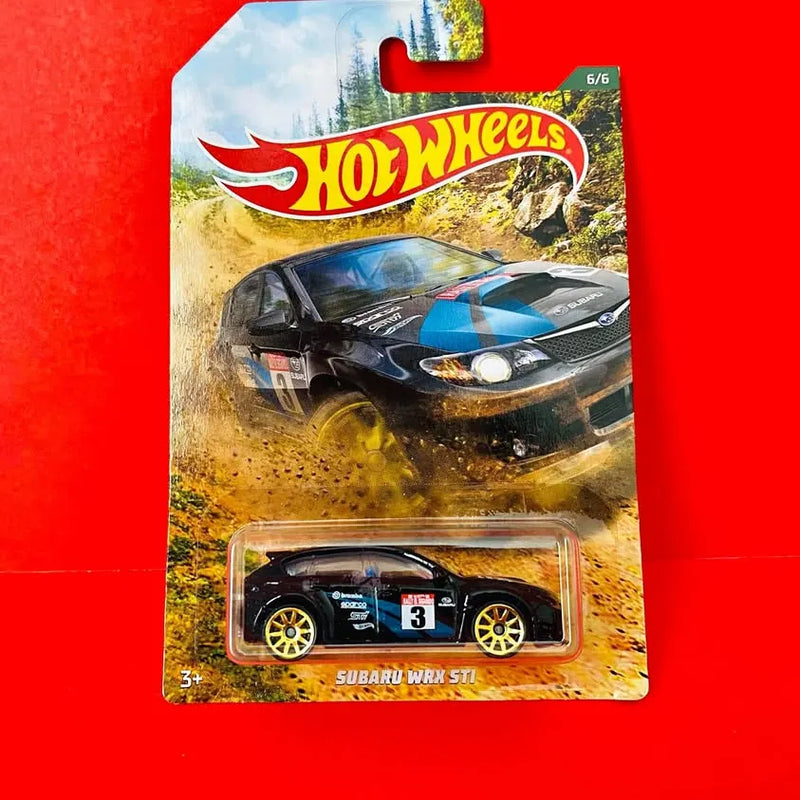 Hot Wheels Subaru WRX STI black diecast car with blue stripe, blister pack
