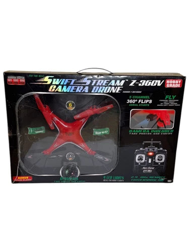 Hobby camera drone in retail box with red quadcopter