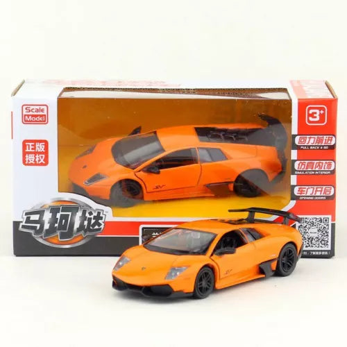 Orange diecast Lamborghini LP670-4 toy car model with open doors, front view