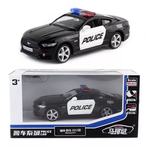 Black diecast police car model toy with white POLICE decals, silver wheels, in retail box