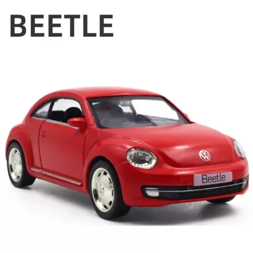 Red Volkswagen Beetle diecast car toy, front three-quarter view