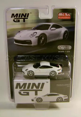 MINI GT diecast Porsche 911 model in clear blister, white car view and underside