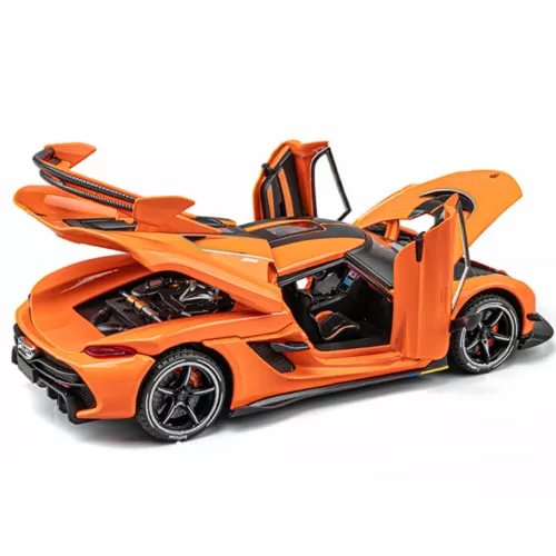 Orange 1:24 diecast model sports car with open doors, black wheels and vents