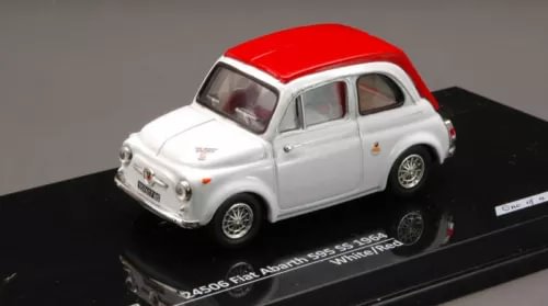 1:43 diecast model car with white body and red roof, front-left view