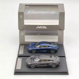 Diecast toy cars set with blue and gray supercar models in display box