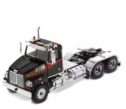 Black diecast day cab tandem tractor with chrome grille and exposed chassis