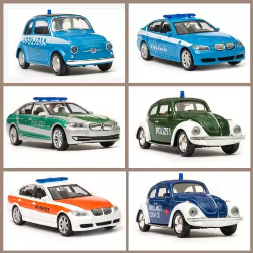 1:43 scale police car diecast set with blue, green, and orange cars shown in front views