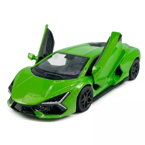 Green Lamborghini Revuelto diecast model car toy, pull-back alloy