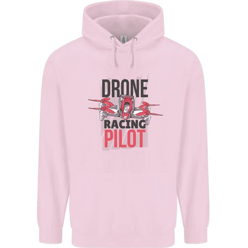 Men's pink hoodie with front drone racing pilot graphic and kangaroo pocket