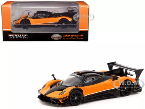 Orange and black diecast sports car model with large rear spoiler and wing.