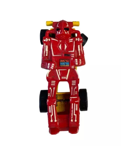 Red and yellow diecast robot car with open chest and black wheels