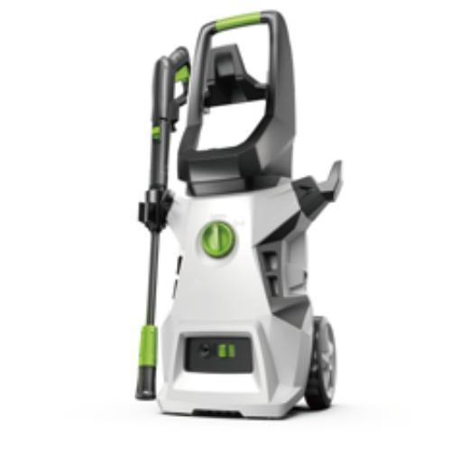 Portable pressure washer with white body and green accents, wheeled frame and spray wand