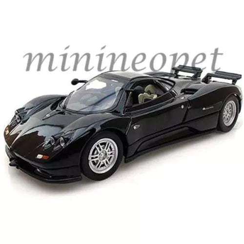 Black diecast sports car model with detailed interior and silver alloy wheels