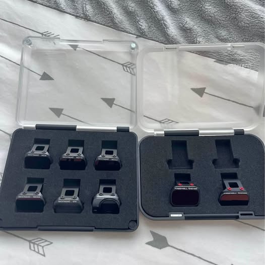 Drone camera filter set with cases and multiple lens filters, dark foam inserts