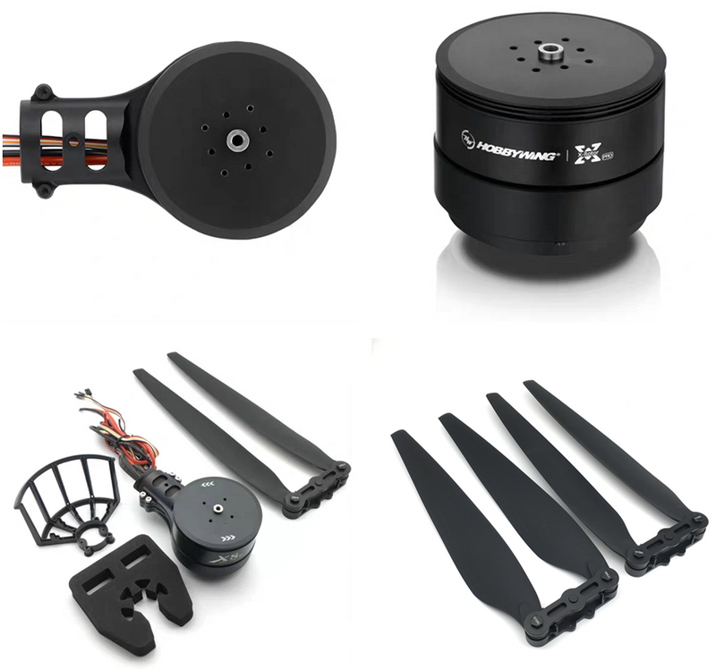 Drone motor with propellers, black motor housing and four dark blades