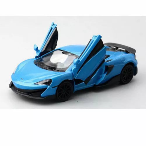 McLaren 600LT 1:36 diecast model car, blue with doors open and black wheels