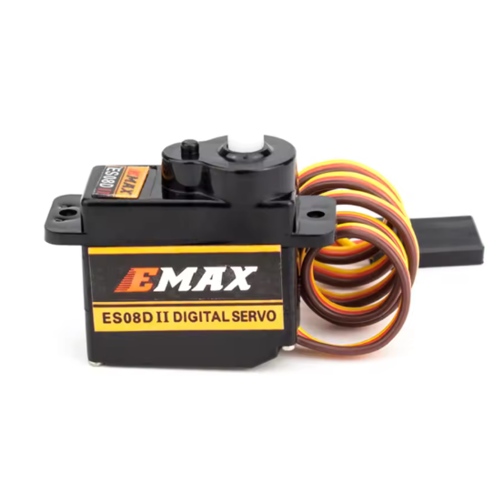 EMAX ES08D II digital micro RC servo with black plastic housing and multi-color wire leads