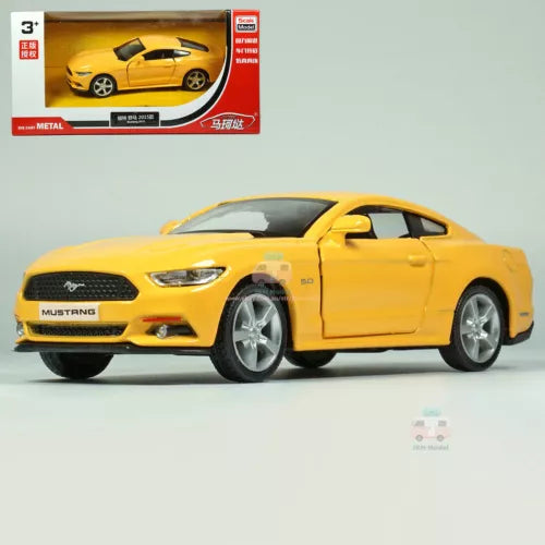 Yellow 1/36 Ford Mustang GT diecast model car with detailed grille and wheels