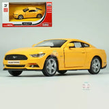Yellow 1/36 Ford Mustang GT diecast model car with detailed grille and wheels