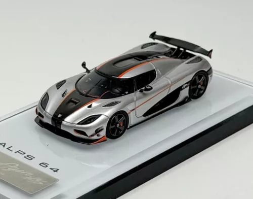 Silver and black racing sports diecast car model, 1:64 scale with black wheels