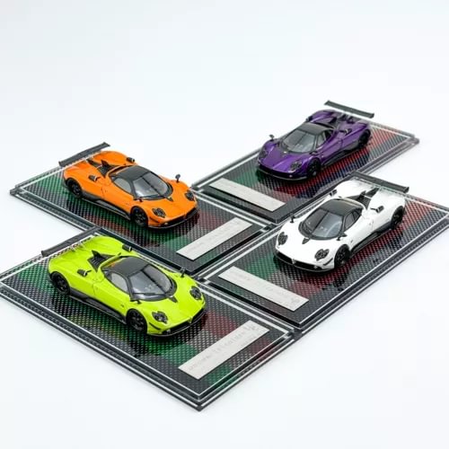 1:64 supercar model diecast resin toy set with four colorful cars on display mats
