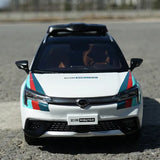 White diecast robotaxi car model with front grille and headlights, blue and red stripes