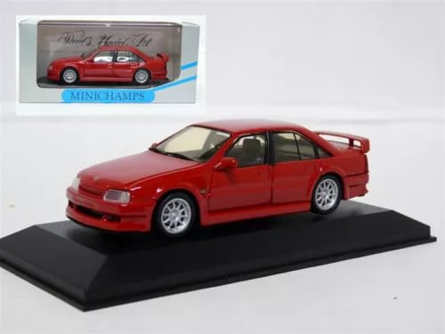 Red 1991 Opel Omega Evolution 500 diecast model car on display base