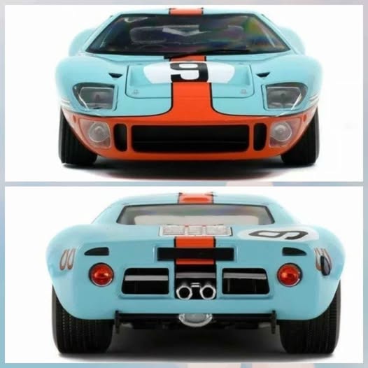 Light blue 1:18 diecast model car with orange accents, showing front and rear views