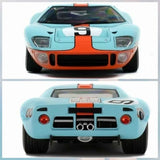 Light blue 1:18 diecast model car with orange accents, showing front and rear views