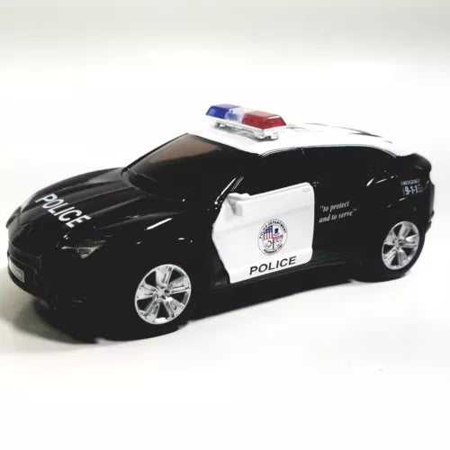 Black and white police squad die-cast car toy with roof light and chrome wheels
