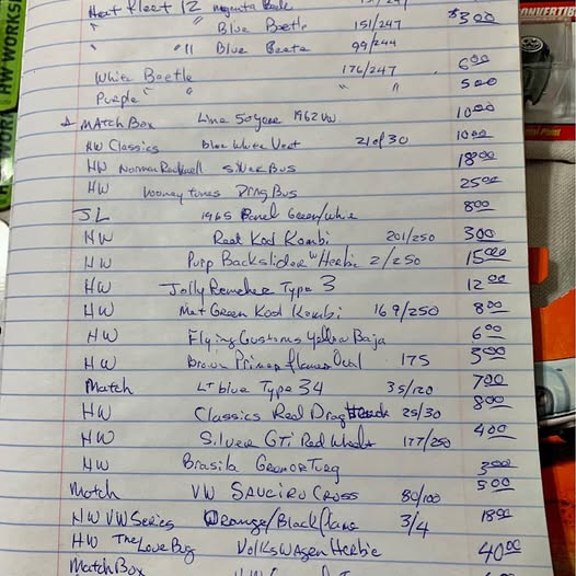 VW diecast inventory note sheet with handwritten pricing lines
