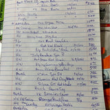 VW diecast inventory note sheet with handwritten pricing lines