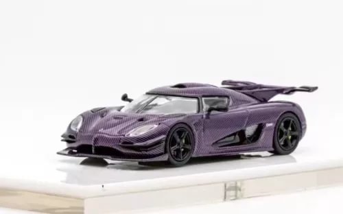 Purple 1:64 racing sports diecast model car with black wheels and rear wing