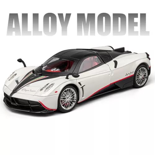 1:18 alloy racing car model, white with black hood and red trim, diecast details
