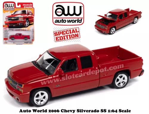 Auto World 2006 Chevrolet Silverado SS diecast pickup truck, red, front 3/4 view