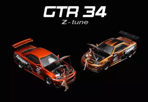 Orange 1:64 diecast R34 Z-tune car with seated figure, two-view set