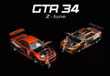 Orange 1:64 diecast R34 Z-tune car with seated figure, two-view set