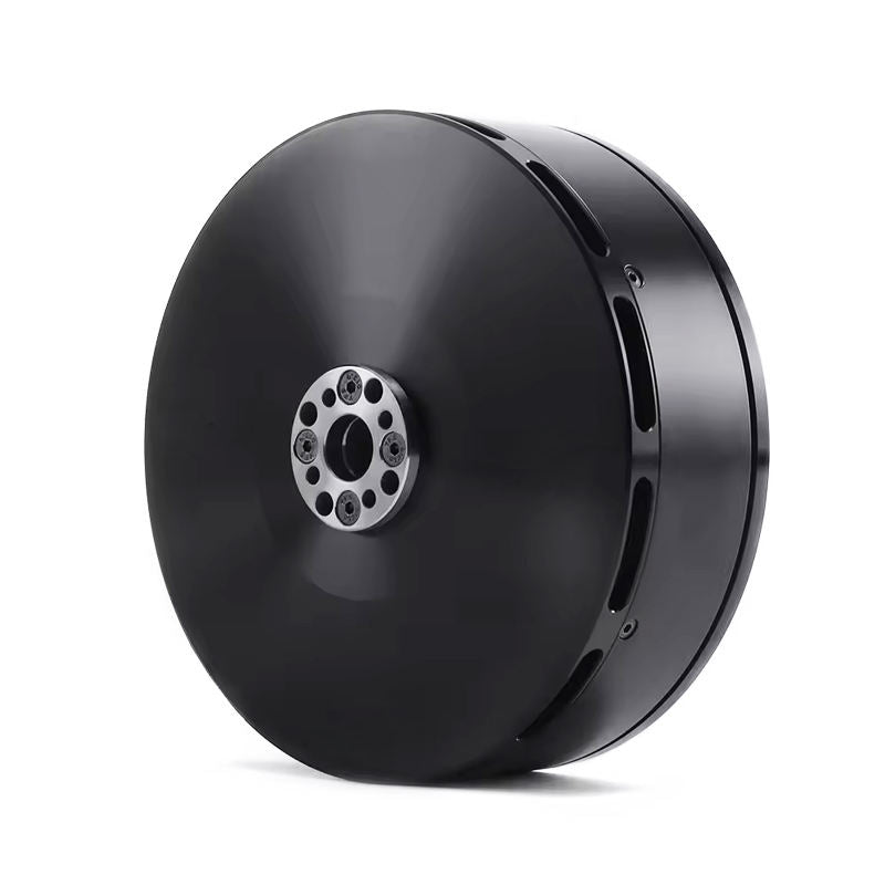 Black brushless DC drone motor housing with circular mounting flange