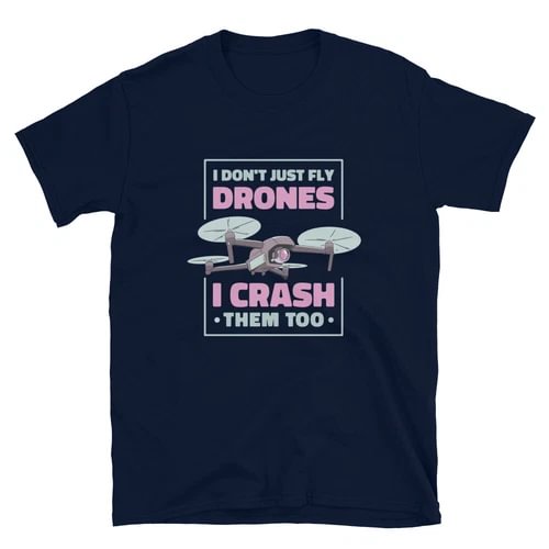 Navy graphic T-shirt with drone and text 'I crash them too'