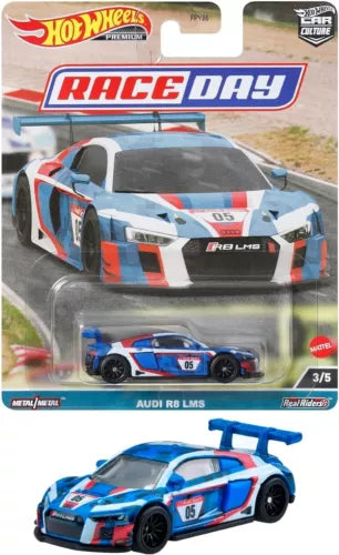 Hot Wheels Race Day Audi R8 LMS 1:64 metal diecast car, blue and orange with #05.