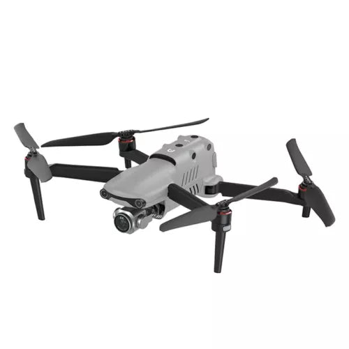 Quadcopter drone with gray body, four rotors, and front camera gimbal
