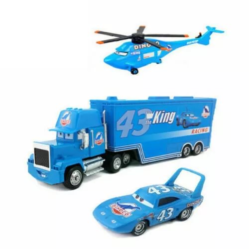 3-pack blue diecast toy vehicles: King Mack truck, race car, and helicopter
