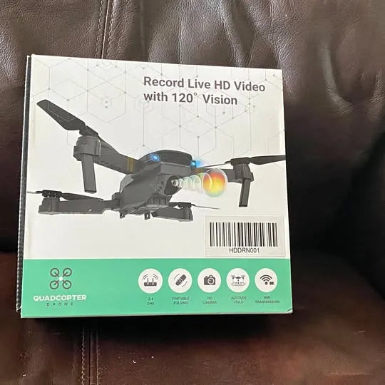 Quadcopter drone product box with printed drone and HD video label
