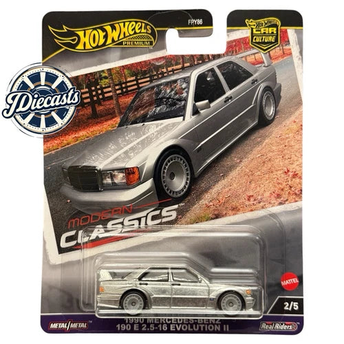 Silver 1:64 diecast Mercedes-Benz 190E car, front 3/4 view with headlights