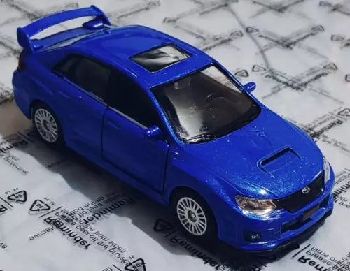 Blue 1:36 diecast model car with hood scoop and front grille detail