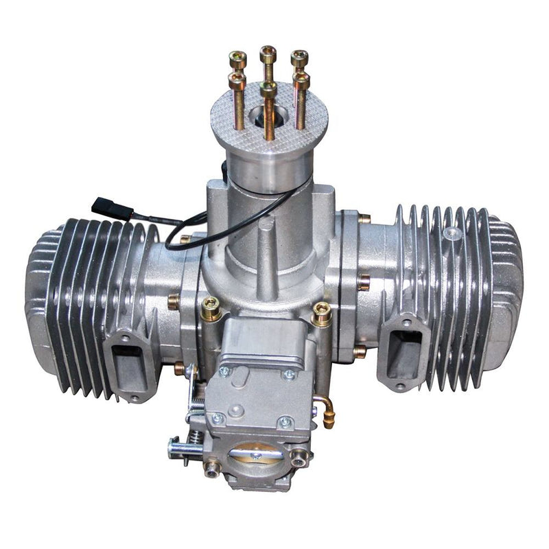RC model plane engine with cylinder head, cooling fins, and carburetor